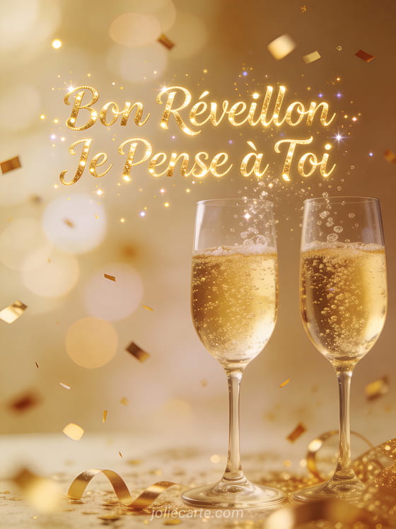 Coupes de champagne avec bulles et confettis dorés avec le texte Bon Réveillon Je Pense à Toi