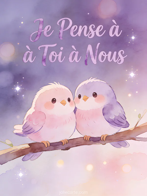 Deux oiseaux cartoon assis ensemble sur une branche avec le texte Je Pense à Toi à Nous en lavande