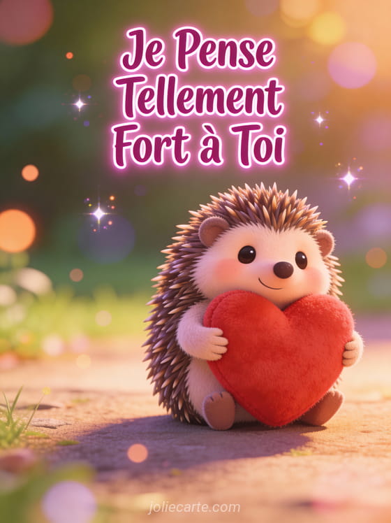 Hérisson cartoon serrant un cœur en peluche avec le texte Je Pense Tellement Fort à Toi en magenta