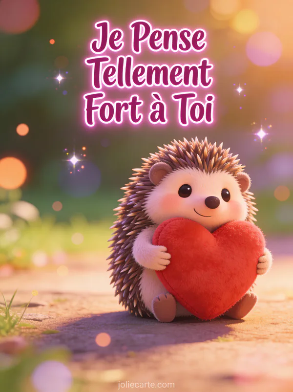 Hérisson cartoon serrant un cœur en peluche avec le texte Je Pense Tellement Fort à Toi en magenta