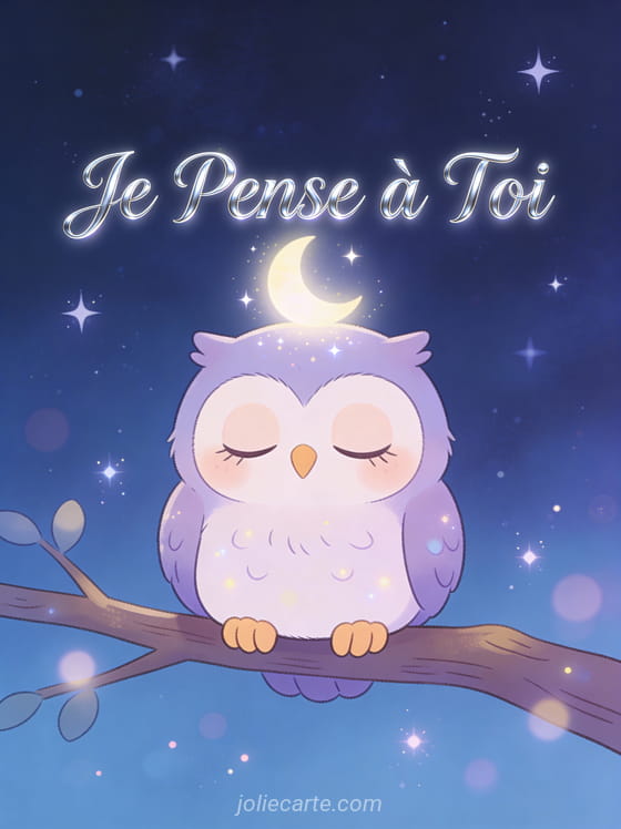 Hibou cartoon aux yeux fatigués sur une branche sous un ciel étoilé avec le texte Je Pense à Toi en argenté