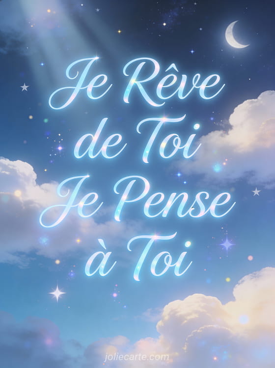 Ciel onirique avec nuages et rayons de lune et le texte Je Rêve de Toi Je Pense à Toi en bleu pâle