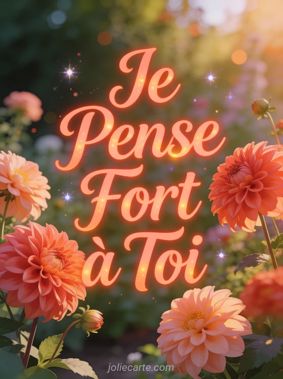 Dahlias corail et pêche avec le texte Je Pense Fort à Toi en lettrage corail