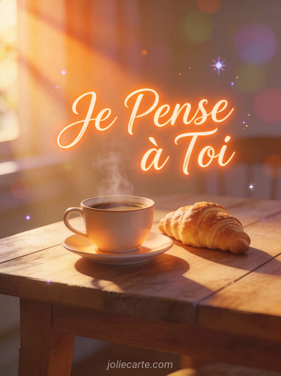 Tasse de café fumant et croissant avec lumière du matin et le texte Je Pense à Toi en orange