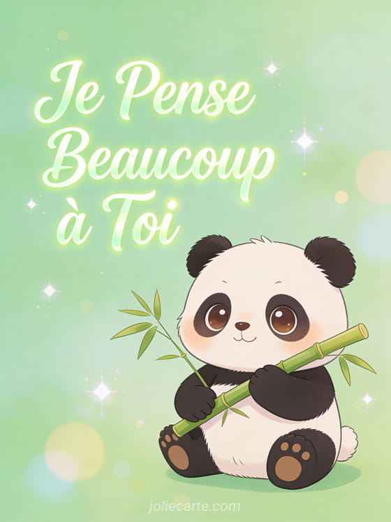 Panda cartoon aux grands yeux tenant du bambou avec le texte Je Pense Beaucoup à Toi en vert menthe