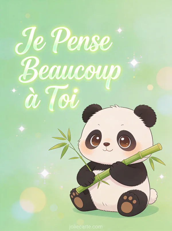 Panda cartoon aux grands yeux tenant du bambou avec le texte Je Pense Beaucoup à Toi en vert menthe