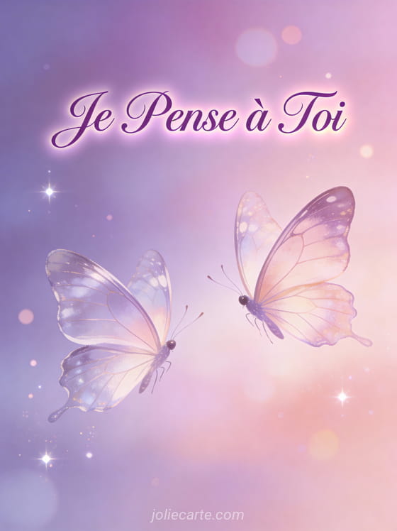 Deux papillons volant l'un vers l'autre sur fond mauve et rose avec le texte Je Pense à Toi