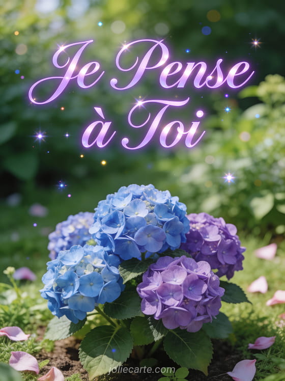 Hortensias bleus et violets dans un jardin avec le texte Je Pense à Toi en lettrage violet