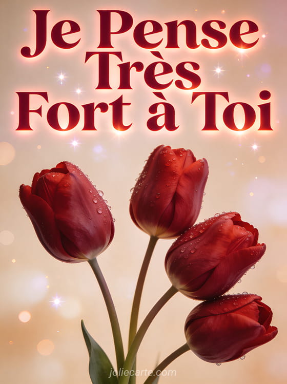 Tulipes rouges avec rosée du matin et le texte Je Pense Très Fort à Toi en lettrage rubis