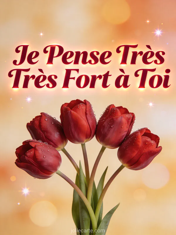 Tulipes rouges avec rosée du matin et le texte Je Pense Très Fort à Toi en lettrage rubis