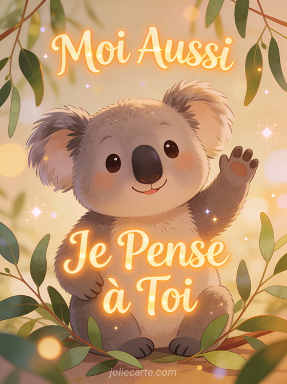 Koala cartoon souriant qui fait coucou avec des feuilles d'eucalyptus et le texte Moi Aussi Je Pense à Toi