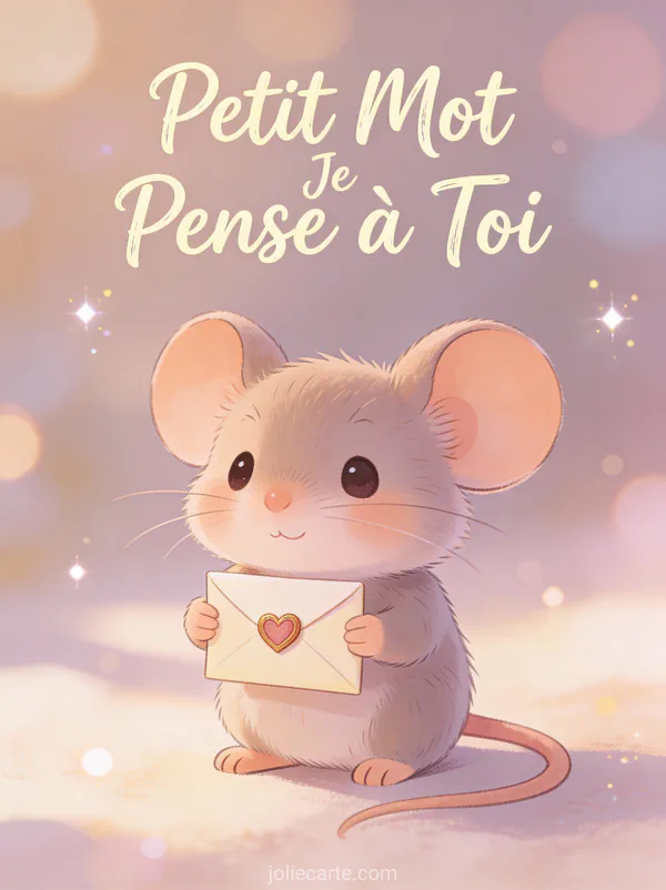Souris cartoon tenant une enveloppe avec sceau en cœur et le texte Petit Mot Je Pense à Toi