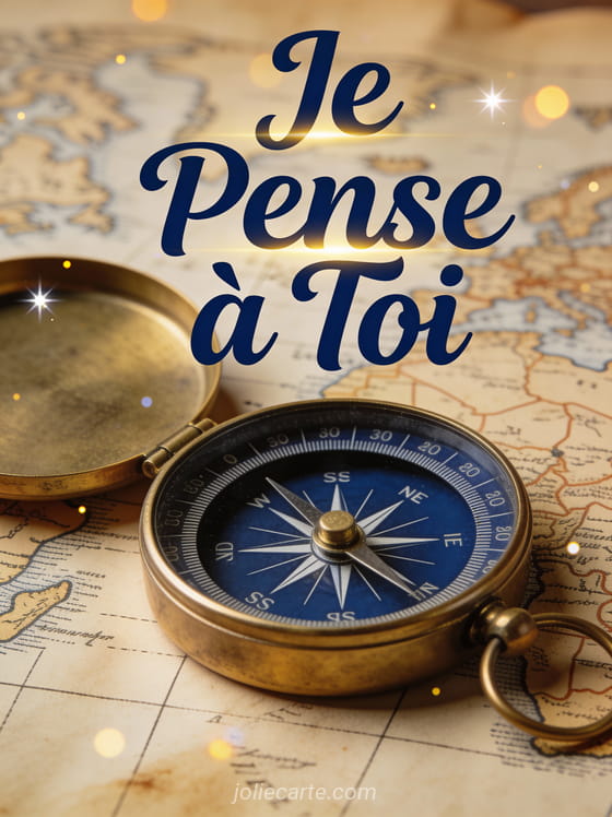 Boussole et carte vintage avec le texte Je Pense à Toi en lettrage bleu marine