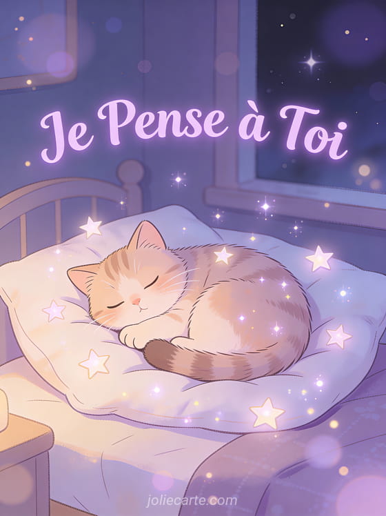 Chat cartoon endormi sur un coussin avec étoiles et le texte Je Pense à Toi en lavande