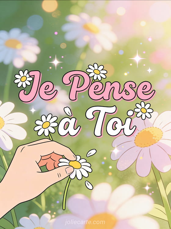 Marguerites cartoon avec pétales et le texte Je Pense à Toi en rose et blanc
