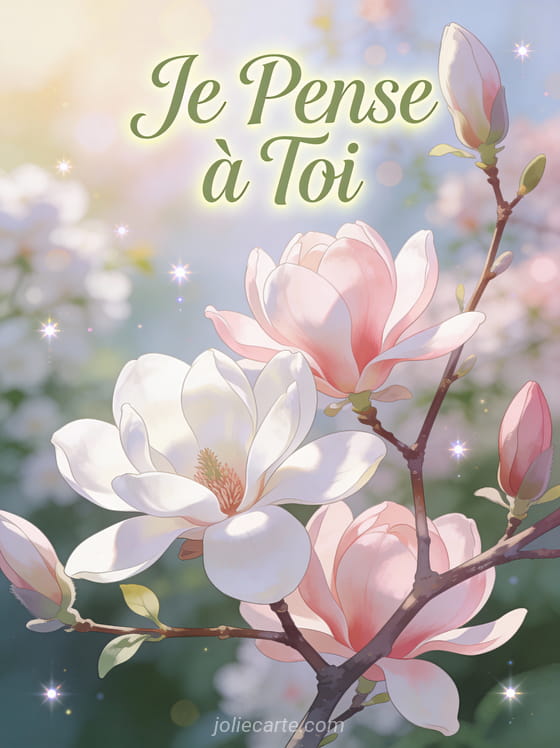 Fleurs de magnolia blanc et rose sur branches délicates avec le texte Je Pense à Toi en vert sauge