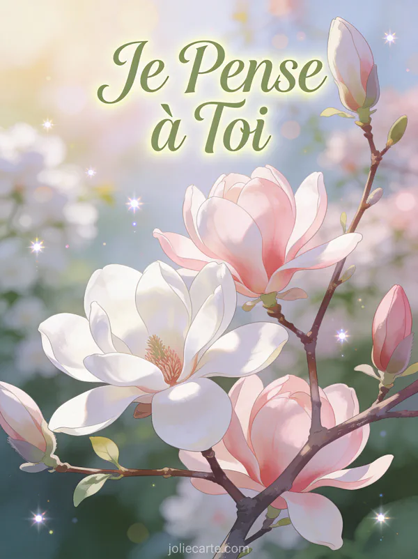 Fleurs de magnolia blanc et rose sur branches délicates avec le texte Je Pense à Toi en vert sauge