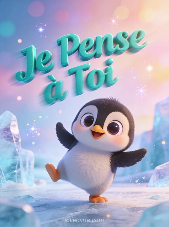 Pingouin cartoon dansant joyeusement sur fond glacé coloré avec le texte Je Pense à Toi en 3D turquoise