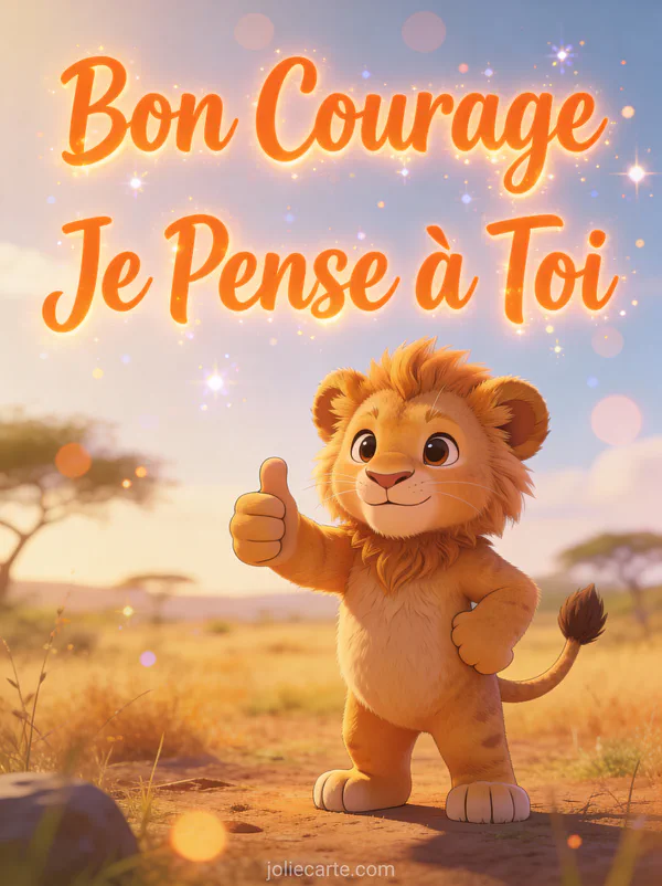 Lionceau cartoon déterminé levant le pouce sur fond de savane avec le texte Bon Courage Je Pense à Toi