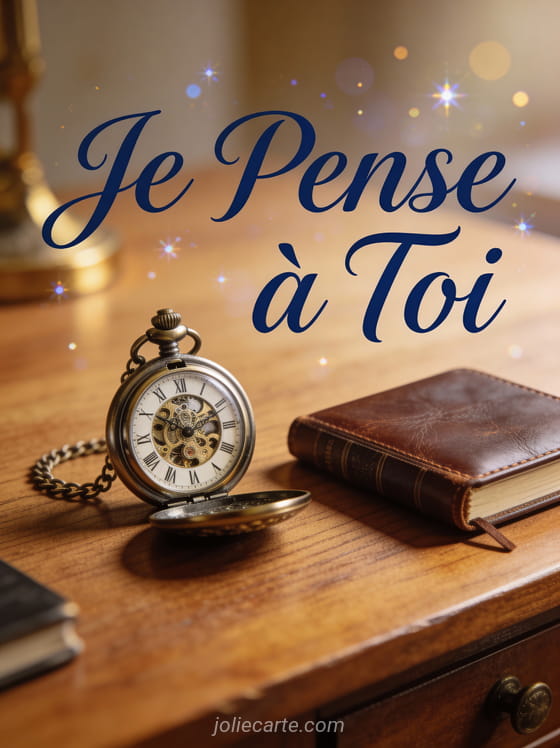 Montre de poche et journal en cuir sur bureau en bois avec le texte Je Pense à Toi en bleu marine