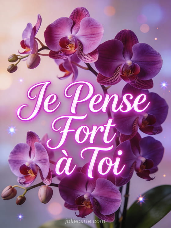 Orchidées violettes et magenta élégantes avec le texte Je Pense Fort à Toi en fuchsia