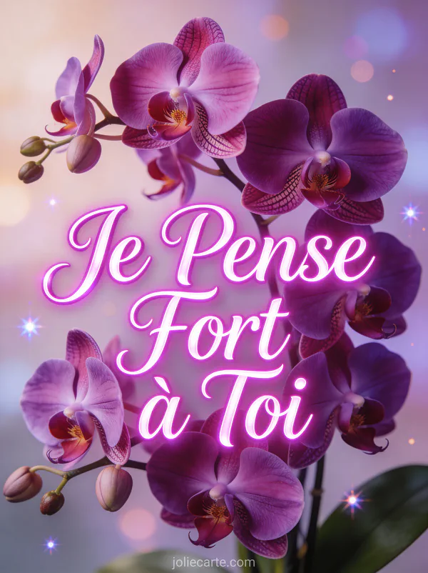 Orchidées violettes et magenta élégantes avec le texte Je Pense Fort à Toi en fuchsia