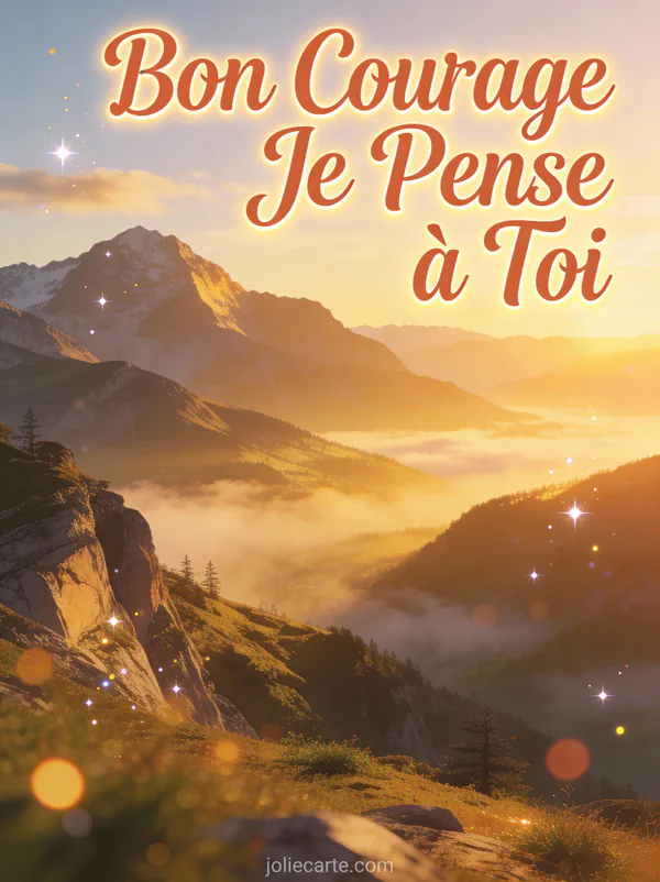 Éléphant cartoon souriant tenant un trèfle à quatre feuilles avec le texte Bon Courage Je Pense à Toi