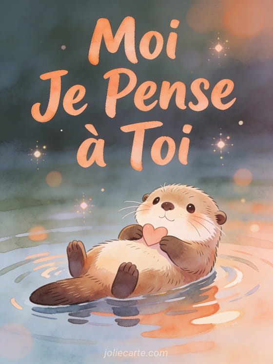 Loutre cartoon flottant sur le dos tenant un cœur avec le texte Moi Je Pense à Toi en pêche