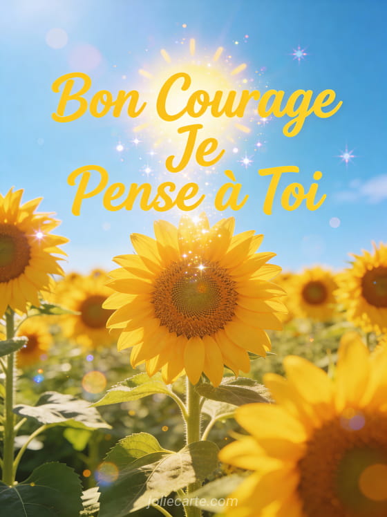 Champ de tournesols sous ciel bleu avec le texte Bon Courage Je Pense à Toi en jaune