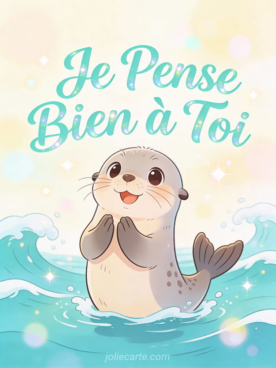 Phoque cartoon aux grands yeux applaudissant joyeusement avec le texte Je Pense Bien à Toi en turquoise