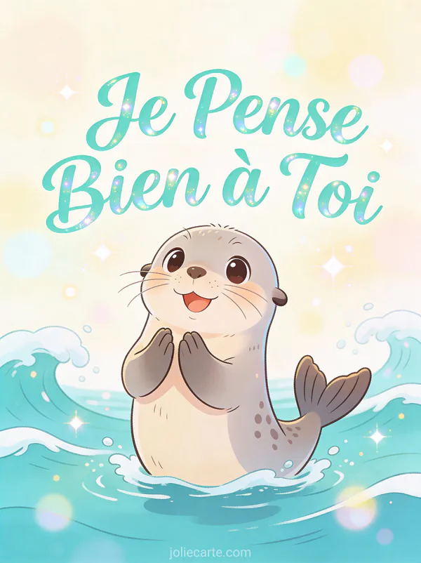 Phoque cartoon aux grands yeux applaudissant joyeusement avec le texte Je Pense Bien à Toi en turquoise