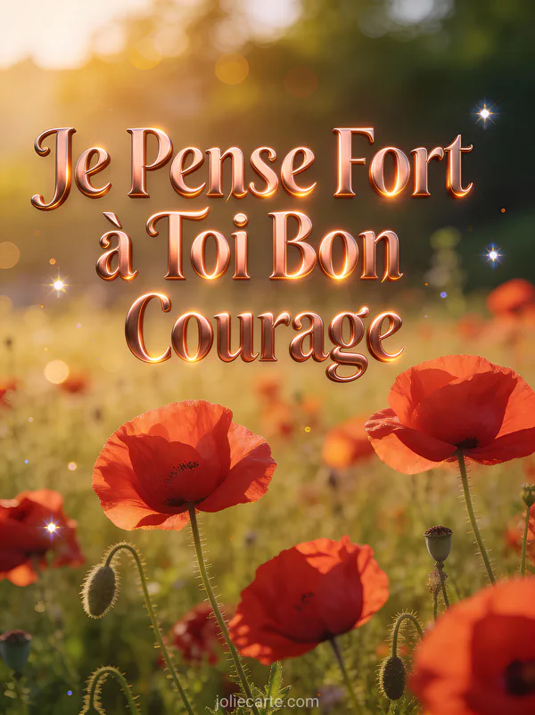 Coquelicots rouges dans une prairie dorée avec le texte Je Pense Fort à Toi Bon Courage en cuivre