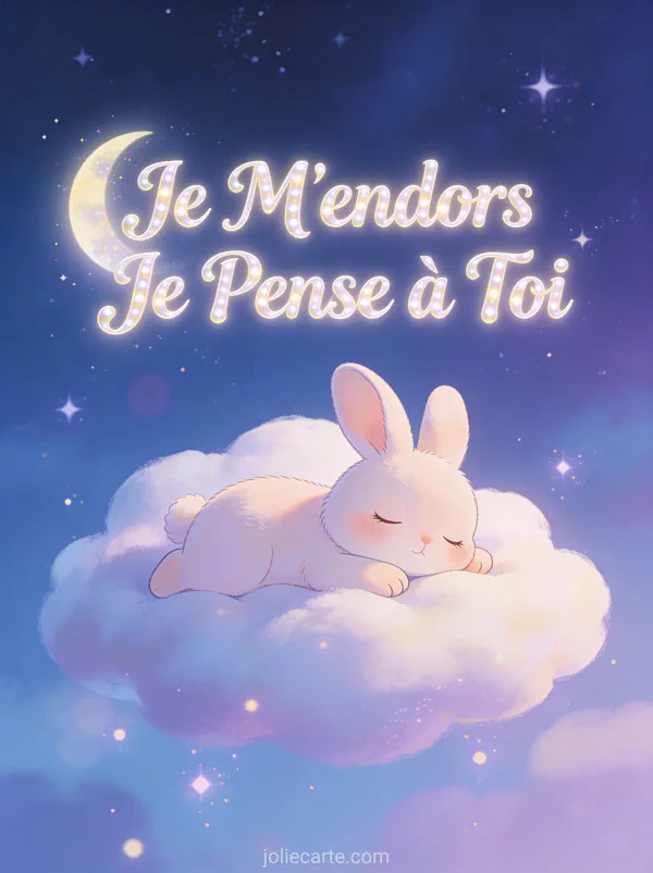 Lapin cartoon endormi sur un nuage sous ciel étoilé avec le texte Je M'endors Je Pense à Toi