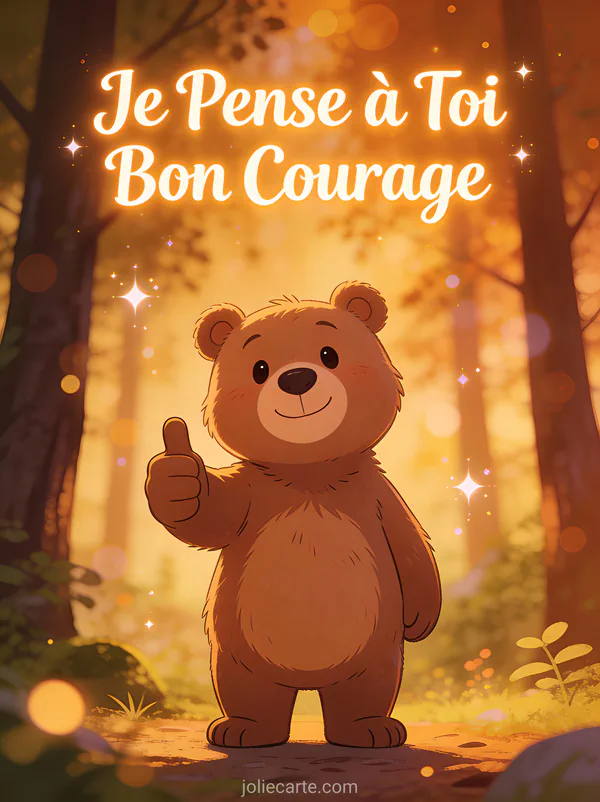 Ours cartoon souriant levant le pouce en forêt avec le texte Je Pense à Toi Bon Courage en ambre