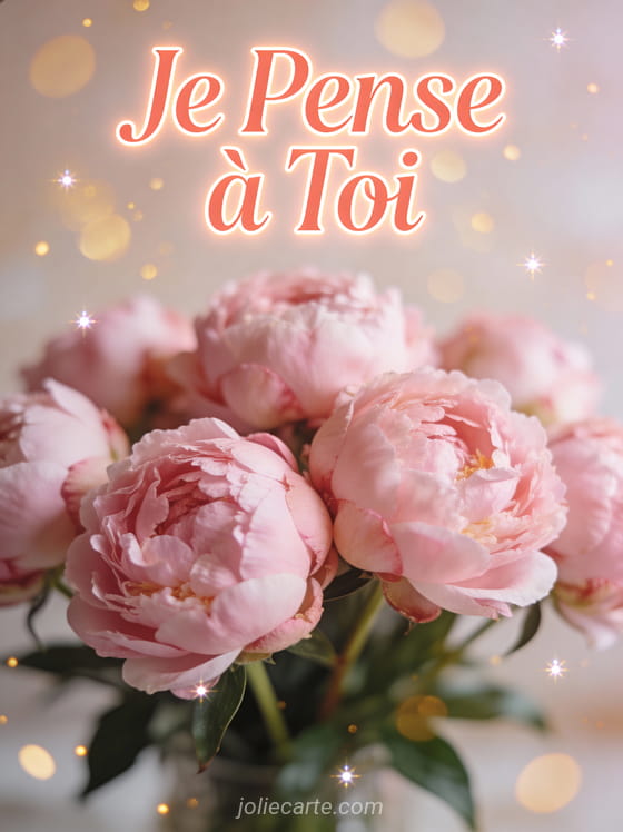 Pivoines roses en flou artistique avec le texte Je Pense à Toi en lettrage corail moderne