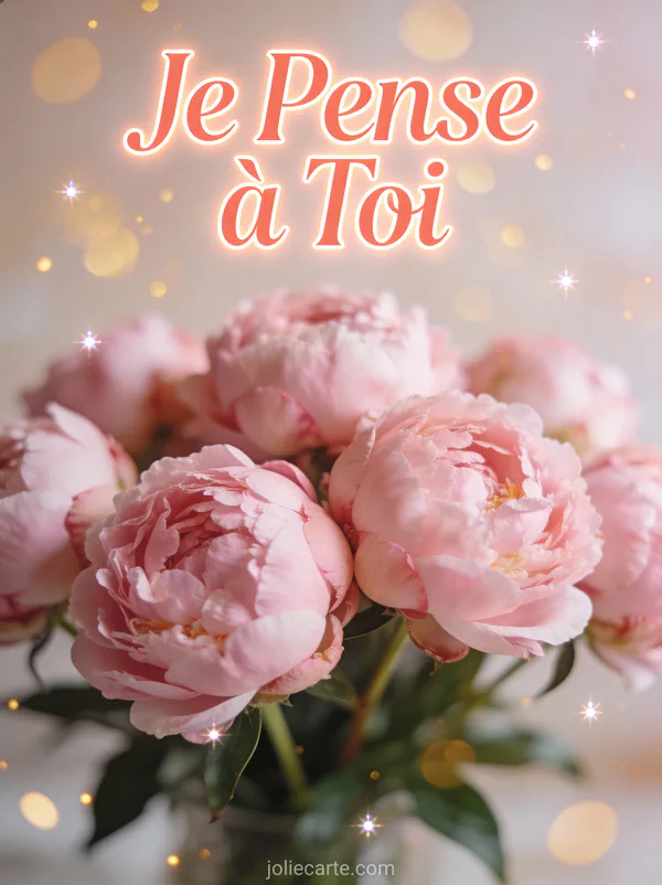 Pivoines roses en flou artistique avec le texte Je Pense à Toi en lettrage corail moderne