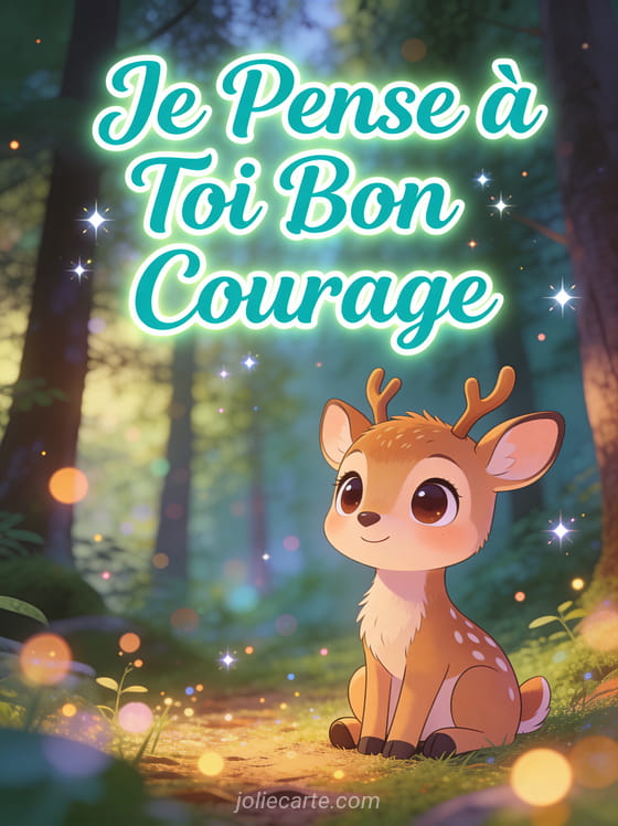 Biche cartoon aux grands yeux doux dans une clairière avec le texte Je Pense à Toi Bon Courage en turquoise