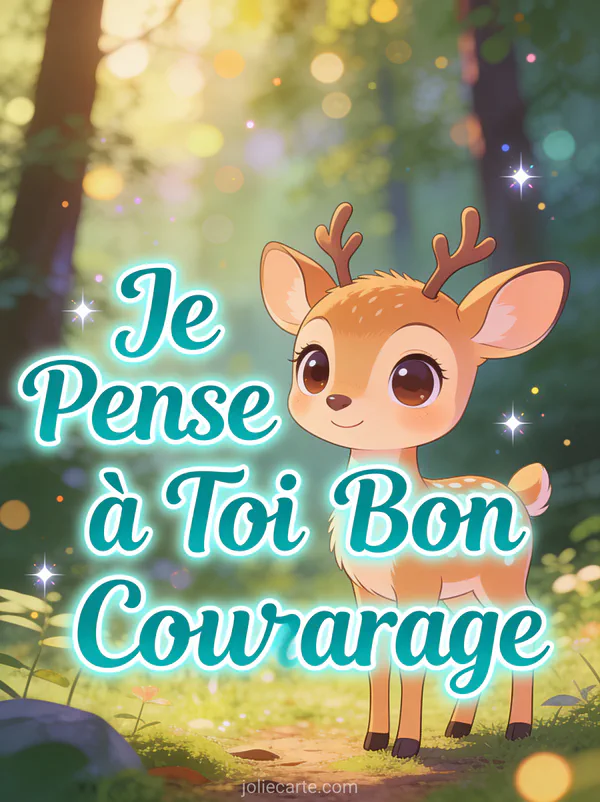 Biche cartoon aux grands yeux doux dans une clairière avec le texte Je Pense à Toi Bon Courage en turquoise