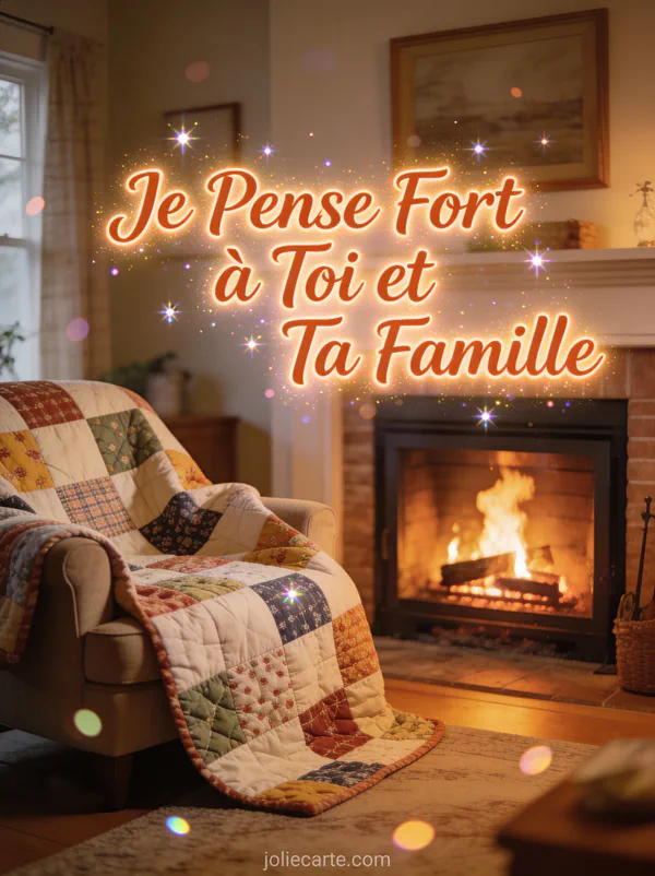 Intérieur cosy avec cheminée et plaid avec le texte Je Pense Fort à Toi et Ta Famille en terracotta