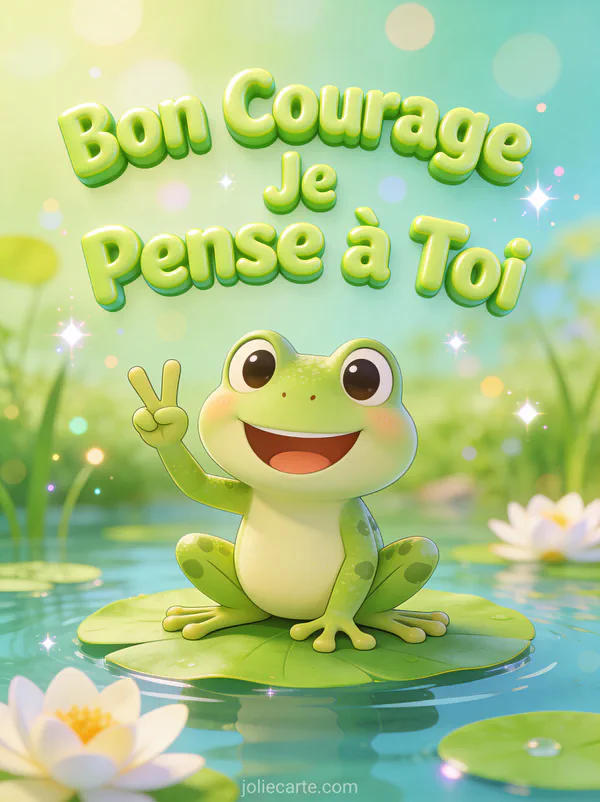 Grenouille cartoon souriante faisant le signe de la paix sur un nénuphar avec le texte Bon Courage Je Pense à Toi