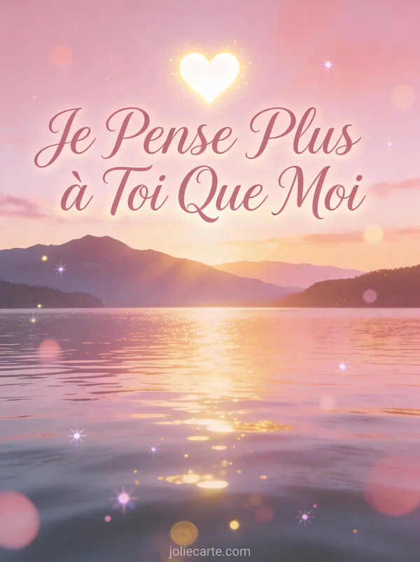 Cygne cartoon élégant sur un lac avec reflets roses et le texte Je Pense Plus à Toi Que Moi