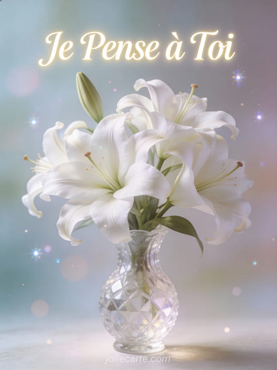 Lys blancs élégants dans un vase en cristal avec le texte Je Pense à Toi en lettrage ivoire