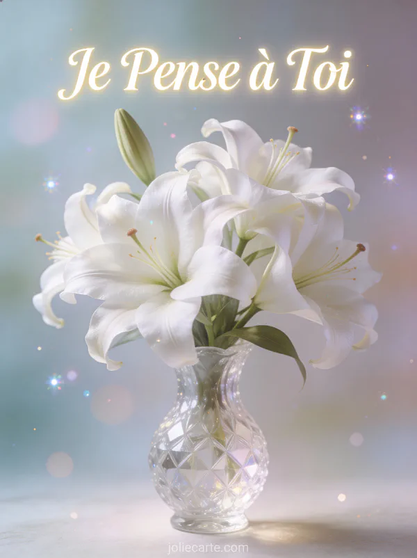 Lys blancs élégants dans un vase en cristal avec le texte Je Pense à Toi en lettrage ivoire