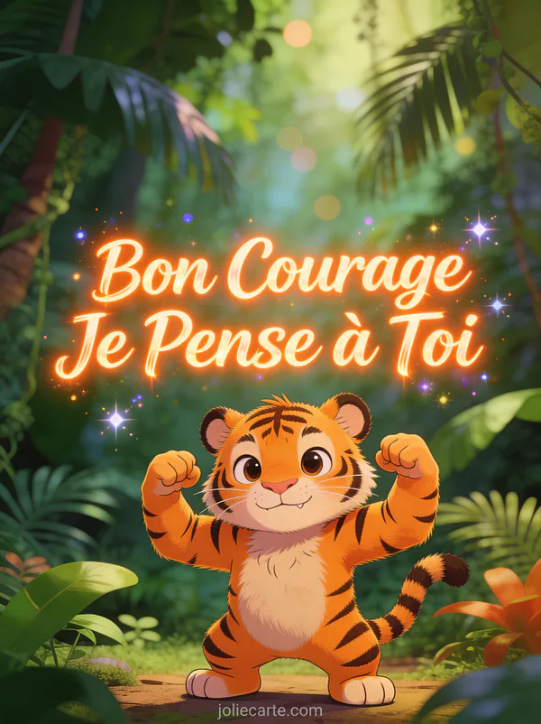 Tigre cartoon déterminé montrant ses muscles dans la jungle avec le texte Bon Courage Je Pense à Toi