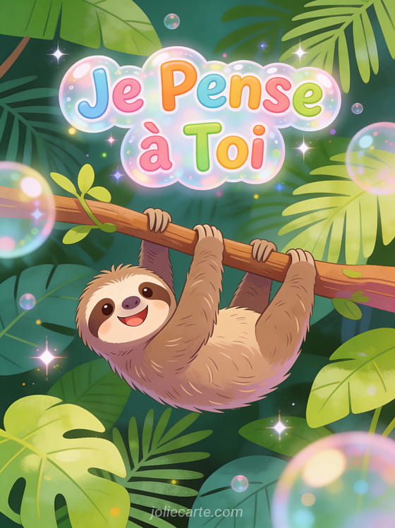 Paresseux cartoon suspendu la tête en bas avec sourire rigolo et le texte Je Pense à Toi en lettres bulles