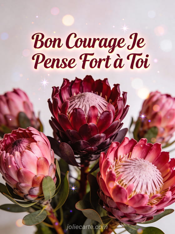 Fleurs de protéa bordeaux et roses avec le texte Bon Courage Je Pense Fort à Toi en marron