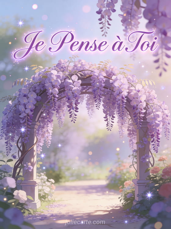 Glycines violettes en cascades sous une arche de jardin avec le texte Je Pense à Toi en mauve