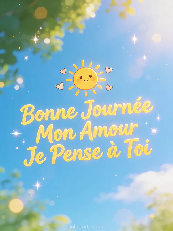 Soleil cartoon souriant avec petits cœurs sur ciel bleu et le texte Bonne Journée Mon Amour Je Pense à Toi