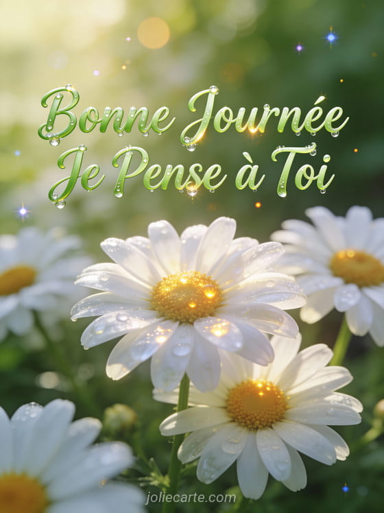 Marguerites fraîches dans la lumière du matin avec le texte Bonne Journée Je Pense à Toi en vert printemps