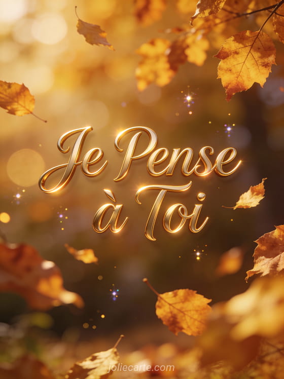 Feuilles d'automne dorées tombant doucement avec le texte Je Pense à Toi en lettrage or sophistiqué